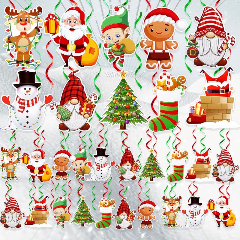 BASHOUT Hanging Christmas Decorations with Foil Swirls | 30 Pcs Holiday Set | Xmas Santa, Snowman, Gingerbread, Reindeer, Gnomes Christmas Designs | Home, Office, School Christmas Party Decorations | - Image 1